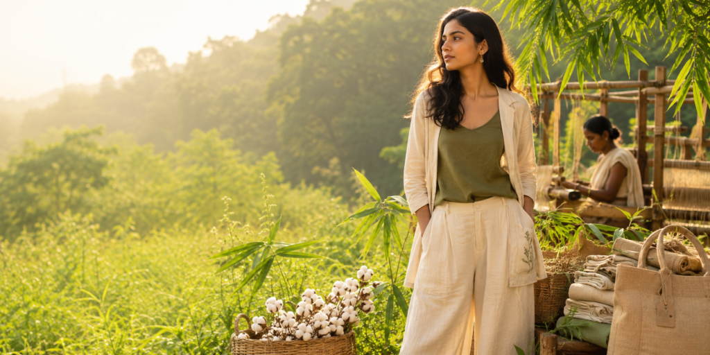 Sustainable fashion in India featuring an Indian woman in eco-friendly organic cotton clothing