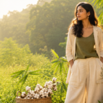 Sustainable fashion in India featuring an Indian woman in eco-friendly organic cotton clothing